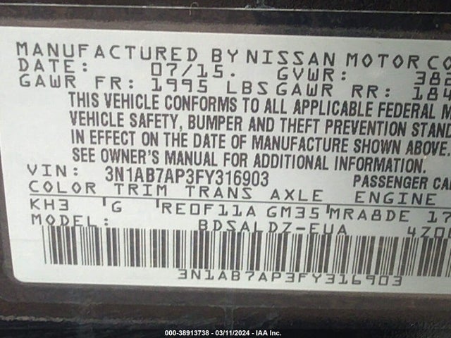 Nissan SENTRA SV 2015 3N1AB7AP3FY316903 Image 9