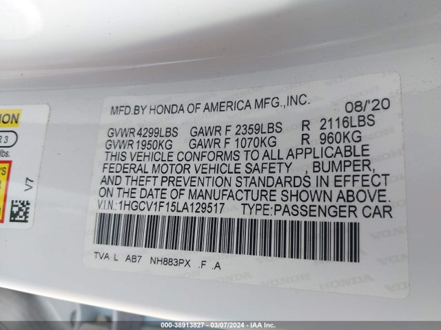 Honda ACCORD LX 2020 1HGCV1F15LA129517 Image 9
