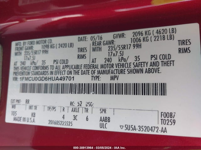 Ford ESCAPE SE 2017 1FMCU0GD6HUA49701 Image 9