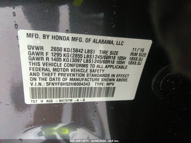 Honda Pilot Ex-l 2017 5FNYF6H52HB004343 Image 9