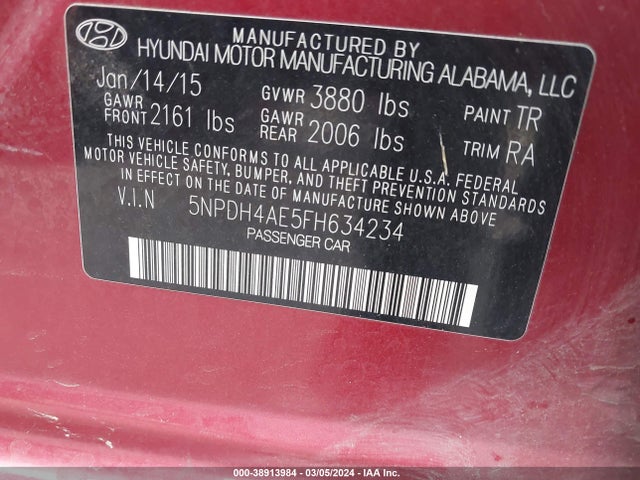 Hyundai ELANTRA SE 2015 5NPDH4AE5FH634234 Image 9