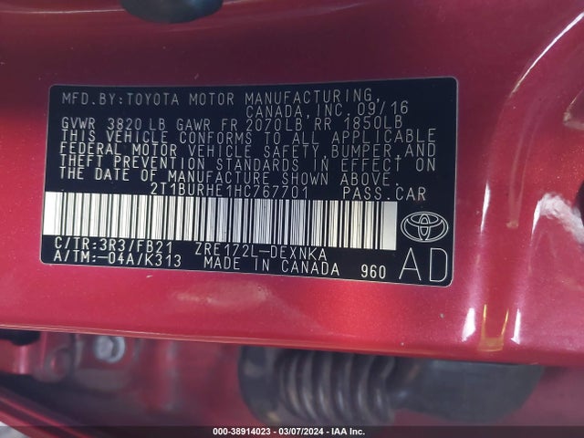 Toyota COROLLA LE 2017 2T1BURHE1HC767701 Image 9