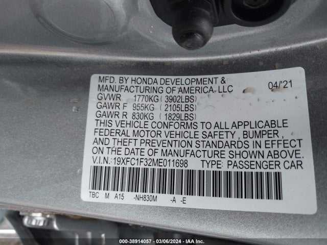 Honda CIVIC EX 2021 19XFC1F32ME011698 Image 9