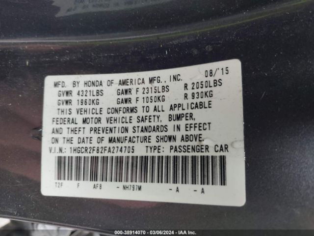 1HGCR2F82FA274705 Honda Accord Ex-l