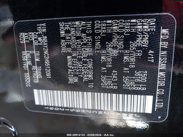 Nissan ARMADA SV 2017 JN8AY2NC2H9512091 Image 9