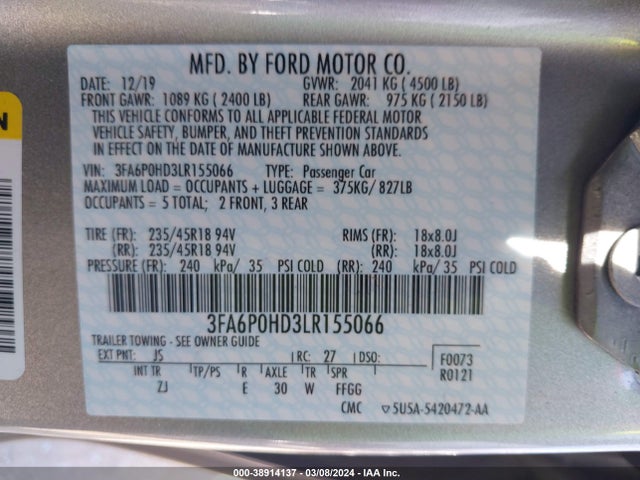 Ford FUSION SE 2020 3FA6P0HD3LR155066 Image 9
