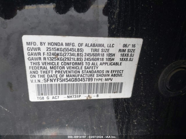 Honda Pilot Ex-l 2016 5FNYF5H54GB045789 Image 9