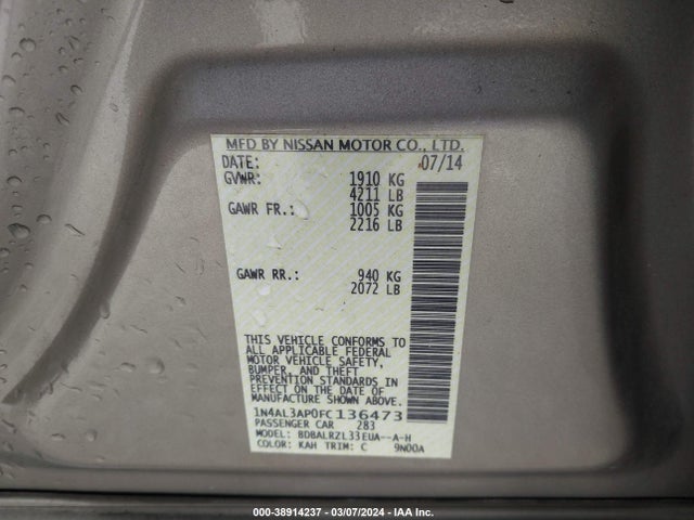 Nissan Altima 2.5 Sl 2015 1N4AL3AP0FC136473 Image 9