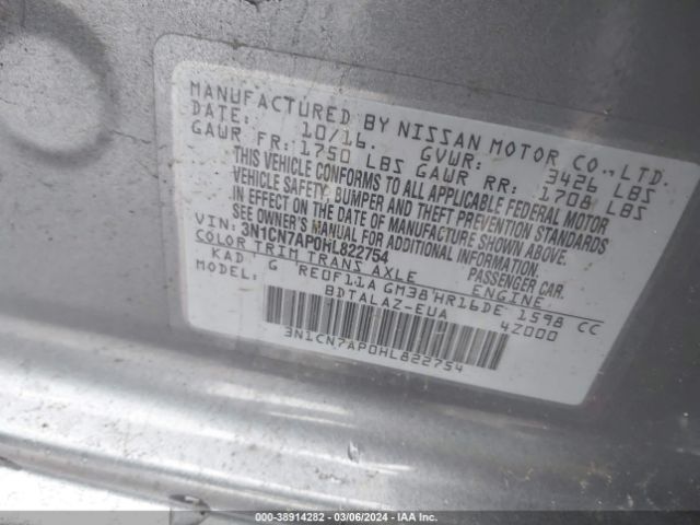 3N1CN7AP0HL822754 Nissan Versa 1.6 S+