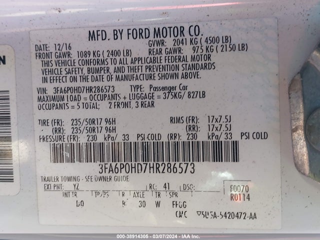Ford FUSION SE 2017 3FA6P0HD7HR286573 Image 9