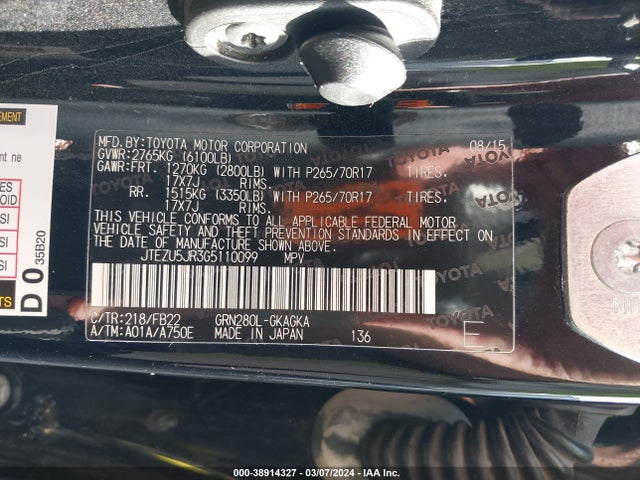 Toyota 4RUNNER SR5 2016 JTEZU5JR3G5110099 Image 9