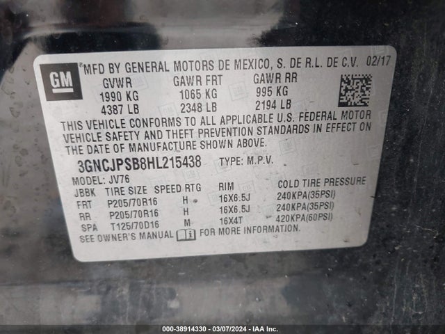 Chevrolet Trax Lt 2017 3GNCJPSB8HL215438 Image 9
