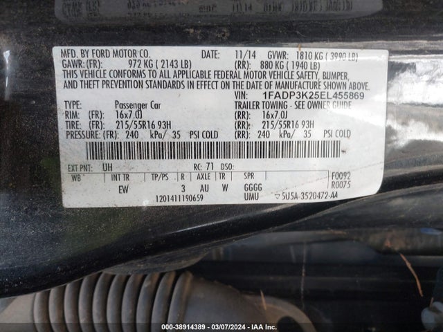 Ford FOCUS SE 2014 1FADP3K25EL455869 Image 9
