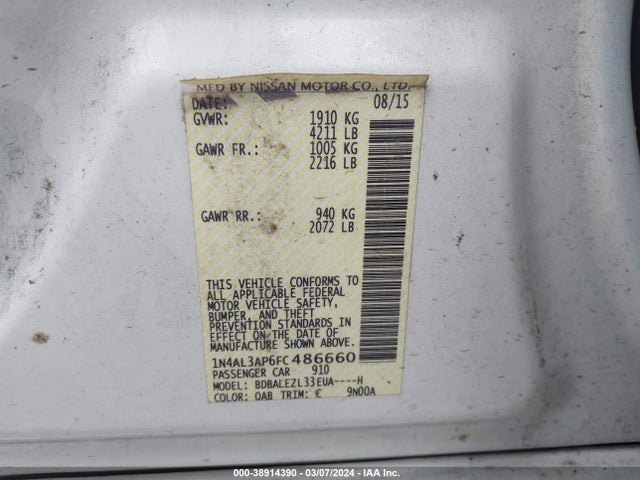 Nissan Altima 2.5 S 2015 1N4AL3AP6FC486660 Image 9