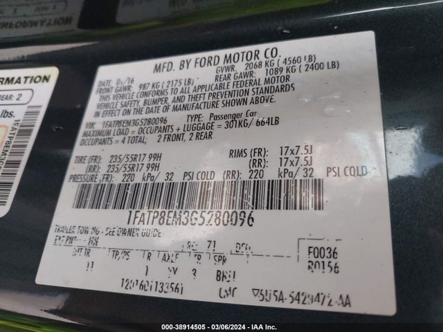 Ford Mustang V6 2016 1FATP8EM3G5280096 Image 9
