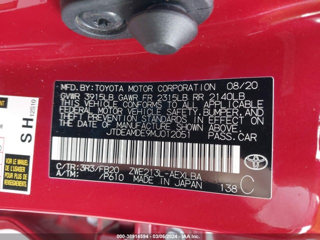 Toyota Corolla Hybrid Le 2021 JTDEAMDE9MJ012051 Image 9