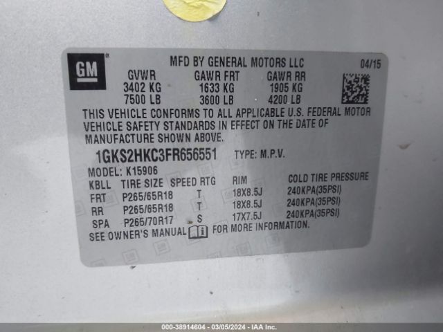 1GKS2HKC3FR656551 GMC Yukon Xl 1500 Slt