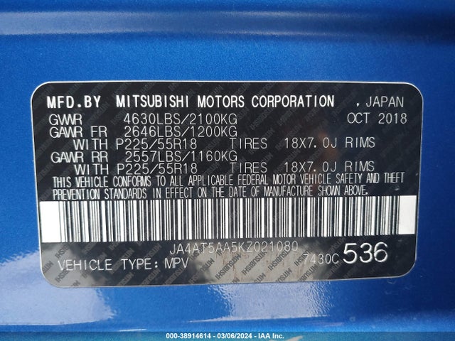 Mitsubishi Eclipse Cross Sel 2019 JA4AT5AA5KZ021080 Image 9