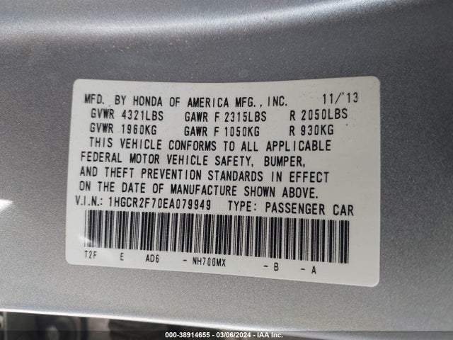 Honda ACCORD EX 2014 1HGCR2F70EA079949 Image 9
