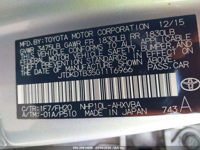 Toyota Prius C One 2016 JTDKDTB35G1116966 Image 9