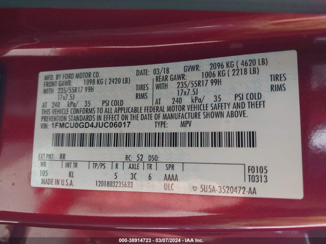 Ford ESCAPE SE 2018 1FMCU0GD4JUC06017 Image 9