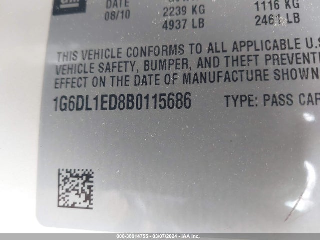 38914755 :رقم المزاد ، 1G6DL1ED8B0115686 vin ، 2011 Cadillac Cts Performance مزاد بيع