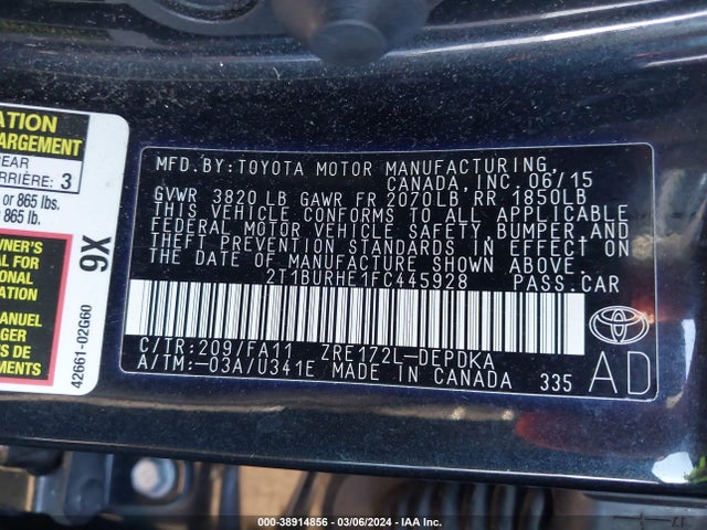Toyota COROLLA L 2015 2T1BURHE1FC445928 Image 9