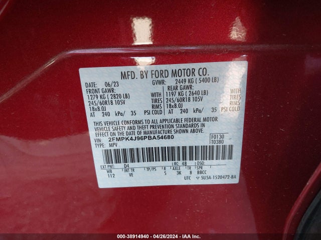 2FMPK4J96PBA54680 Ford EDGE SEL