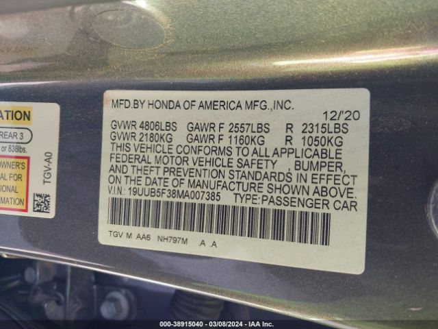 19UUB5F38MA007385 Acura Tlx Standard