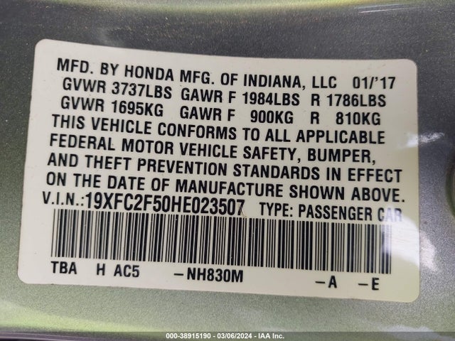 Honda Civic Lx 2017 19XFC2F50HE023507 Image 9