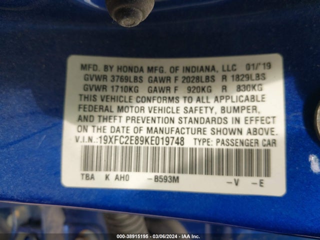 Honda Civic Sport 2019 19XFC2E89KE019748 Image 9