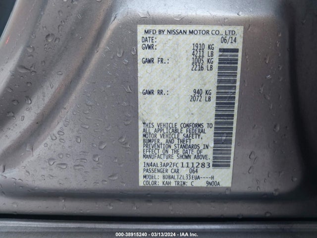 Nissan Altima 2.5 Sl 2015 1N4AL3AP2FC111283 Image 9