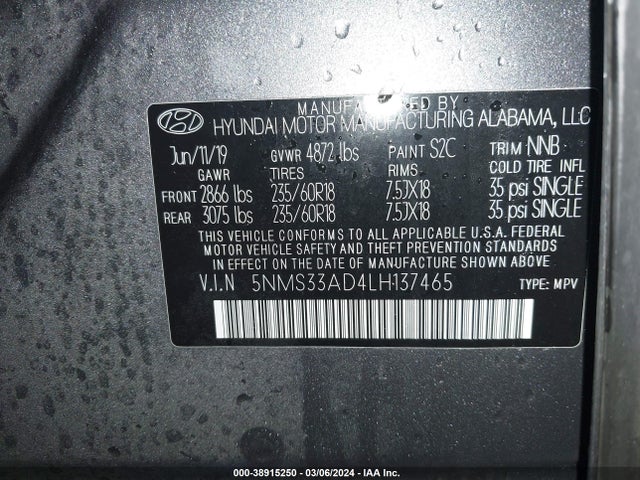 Hyundai Santa Fe Sel 2020 5NMS33AD4LH137465 Image 9