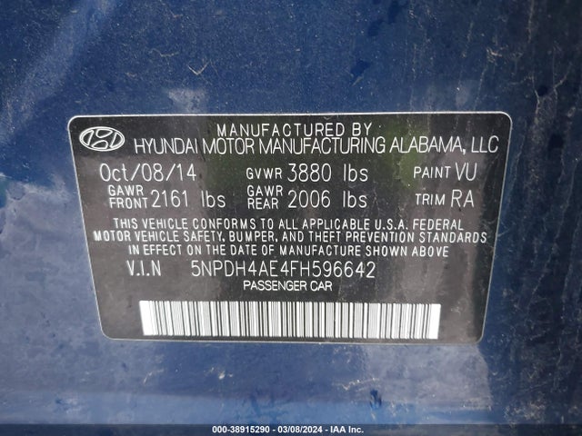 Hyundai Elantra Limited 2015 5NPDH4AE4FH596642 Image 9