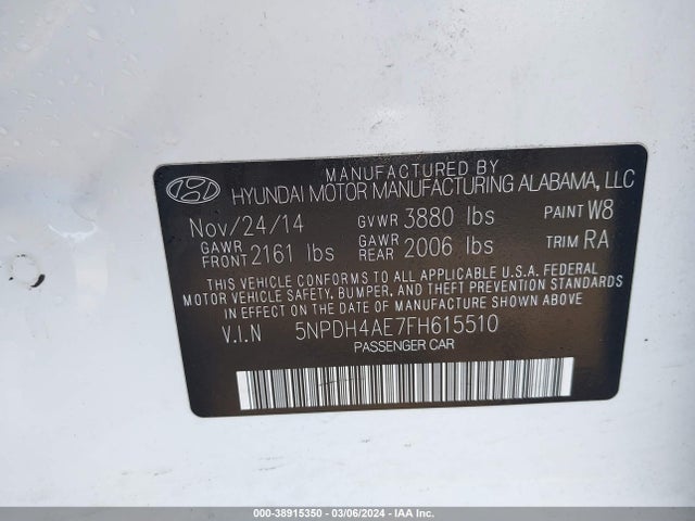 Hyundai Elantra Limited 2015 5NPDH4AE7FH615510 Image 9