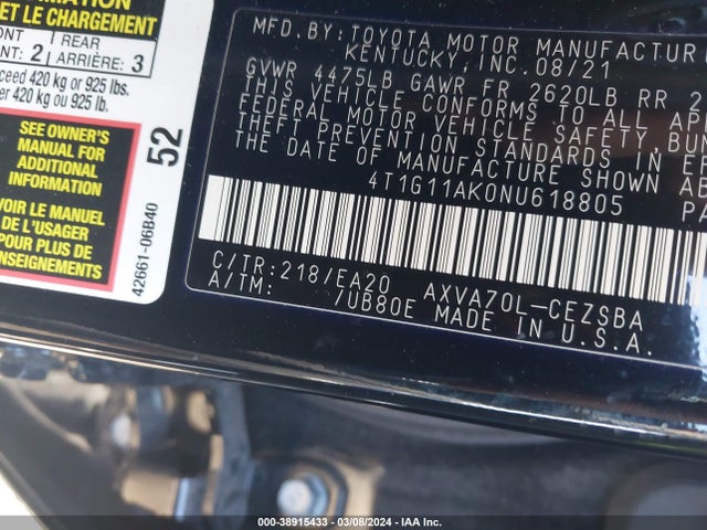 Toyota CAMRY SE 2022 4T1G11AK0NU618805 Image 9
