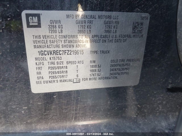 Chevrolet Silverado 1500 2lt 2015 1GCVKREC7FZ219615 Image 9