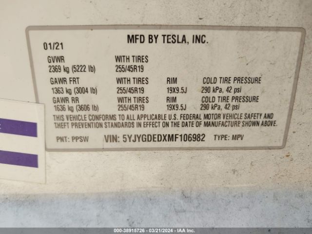 5YJYGDEDXMF106982 Tesla Model Y Standard Range Rear-wheel Drive