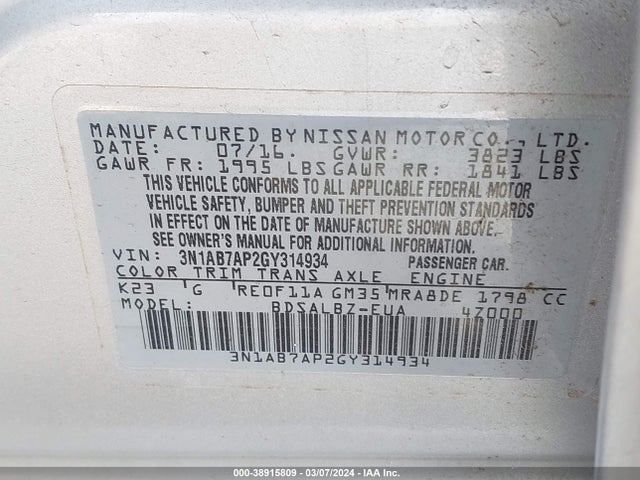 Nissan SENTRA S 2016 3N1AB7AP2GY314934 Image 9