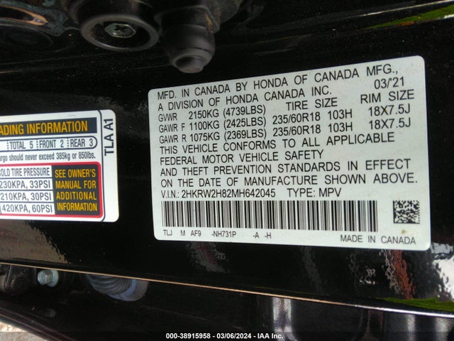Honda Cr-v Awd Ex-l 2021 2HKRW2H82MH642045 Image 9