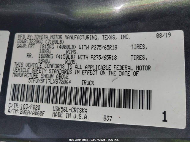 Toyota Tundra Sr5 2020 5TFUY5F17LX872064 Image 9