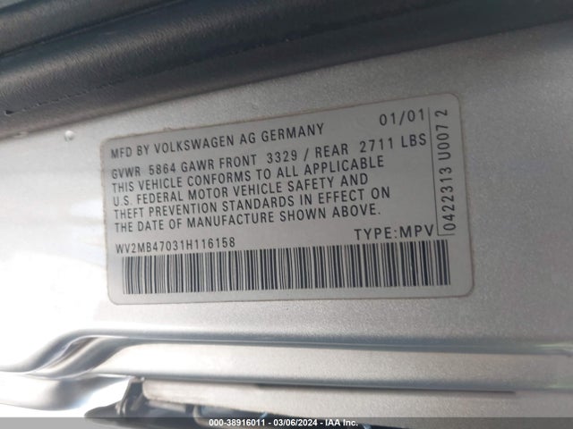 2001 VOLKSWAGEN EUROVAN MV VIN: WV2MB47031H116158