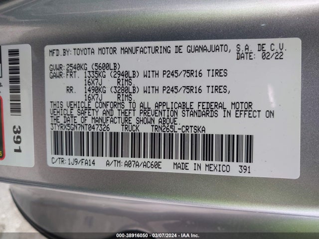 Toyota Tacoma Sr 2022 3TYRX5GN7NT047326 Image 9