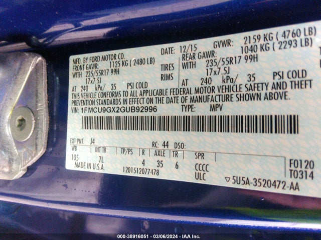 Ford ESCAPE SE 2016 1FMCU9GX2GUB92996 Image 9