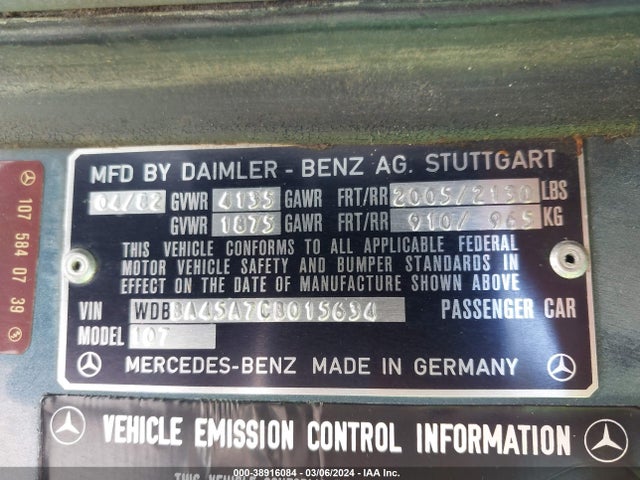 1982 MERCEDES-BENZ 380 SL VIN: WDBBA45A7CB015634