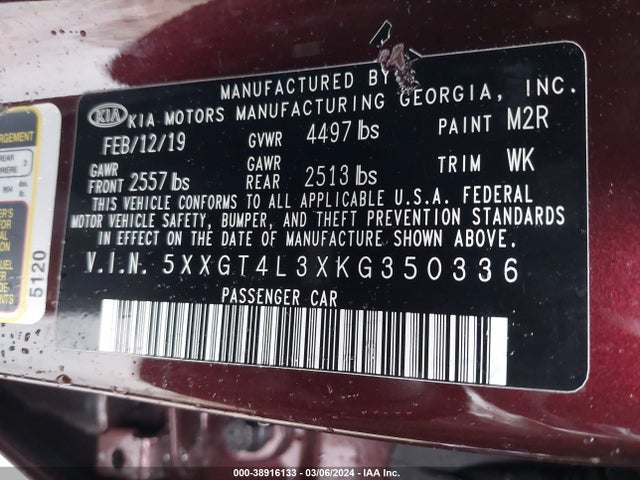 KIA Optima Lx 2019 5XXGT4L3XKG350336 Image 9