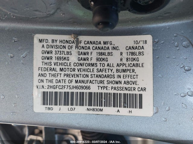 Honda CIVIC EX 2018 2HGFC2F75JH609066 Image 9