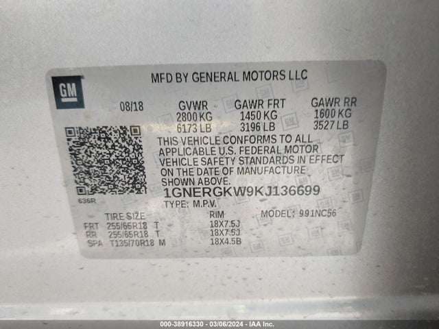 Chevrolet Traverse 1lt 2019 1GNERGKW9KJ136699 Image 9