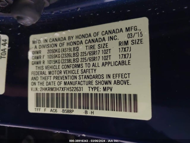 Honda Cr-v Ex-l 2015 2HKRM3H7XFH522631 Image 9