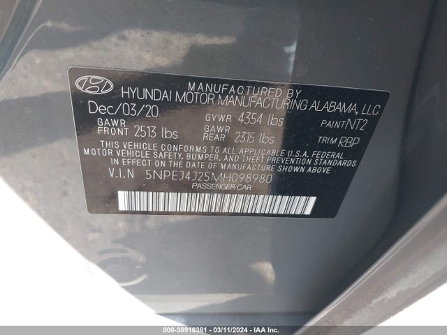 Hyundai Sonata Sel Plus 2021 5NPEJ4J25MH098980 Image 9